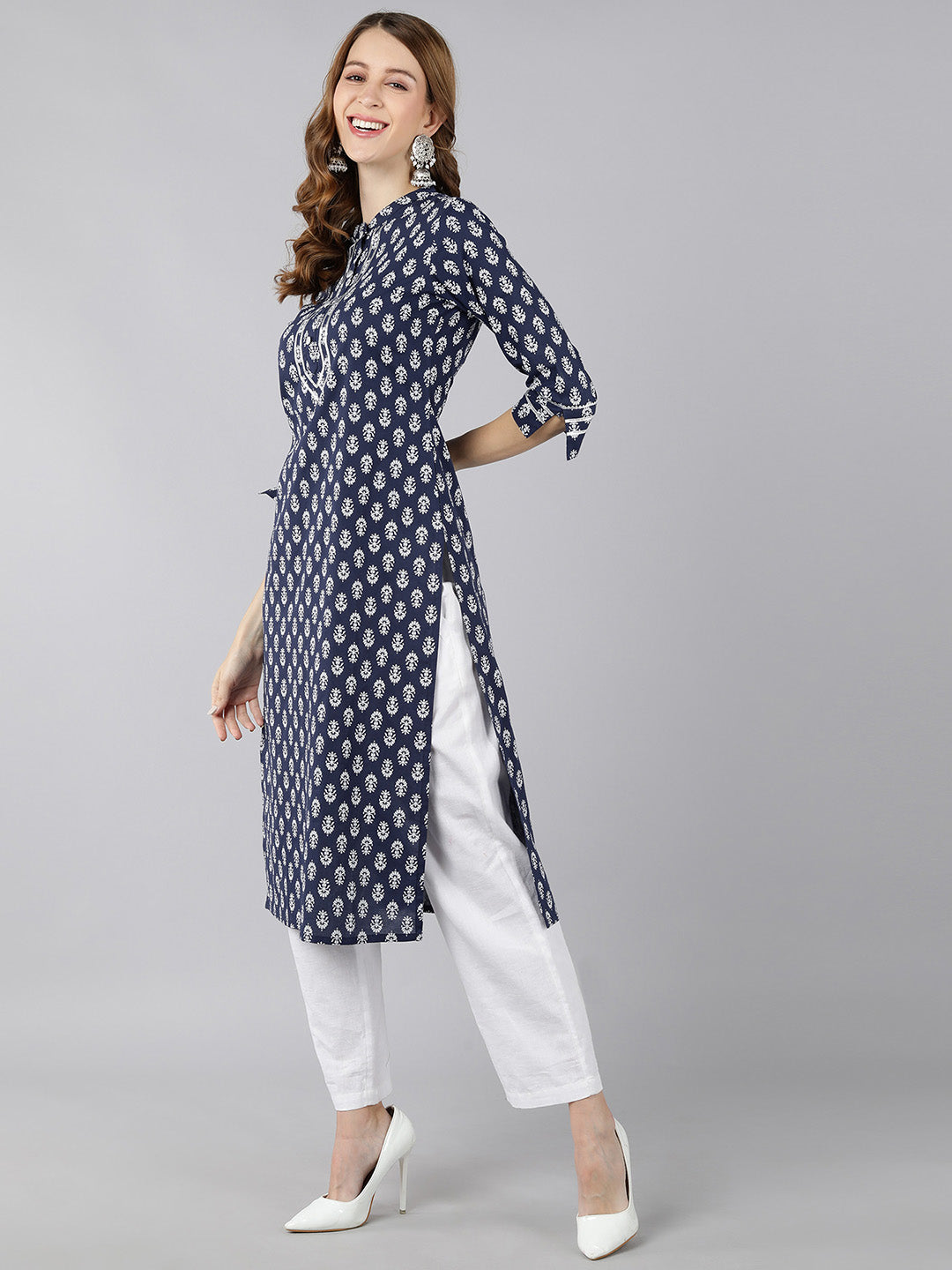 KURTA - NAVY, COTTON BLOCK PRINT STRAIGHT KURTA