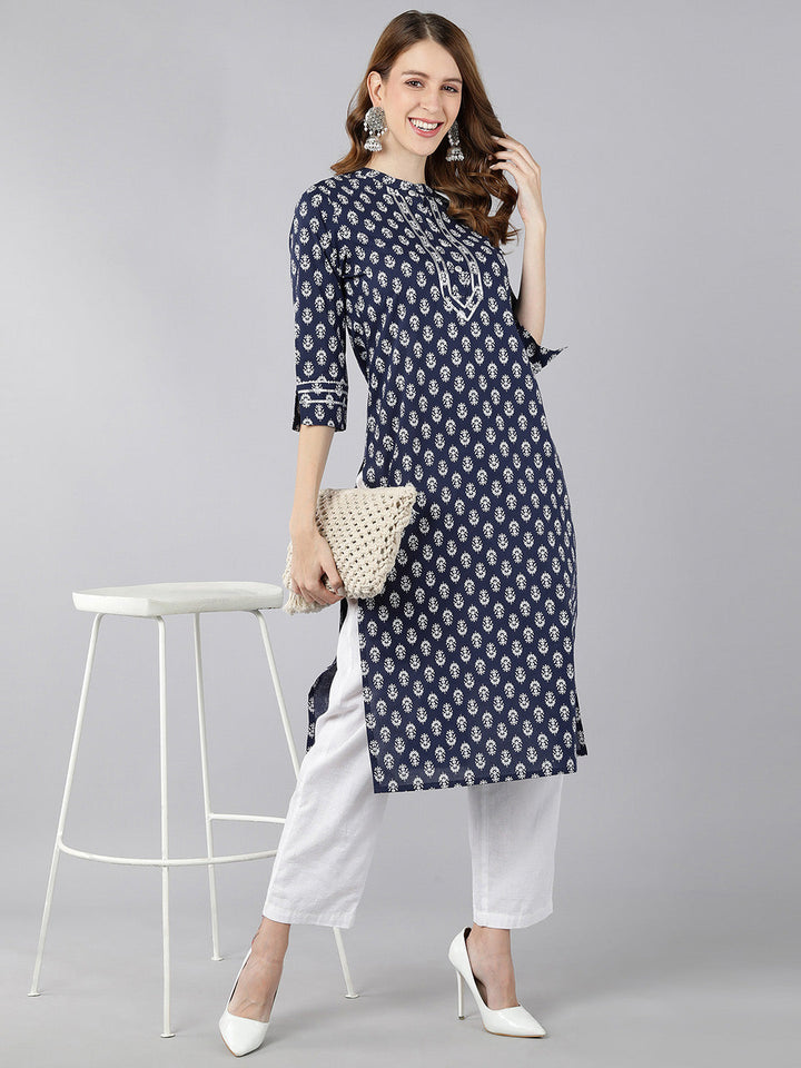 KURTA - NAVY, COTTON BLOCK PRINT STRAIGHT KURTA