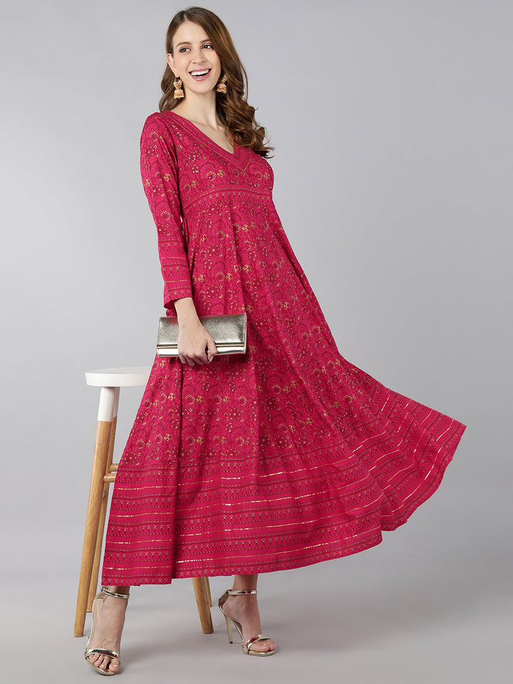 DRESS - PINK, RAYON GOLD PRINT ANARKALI KURTA