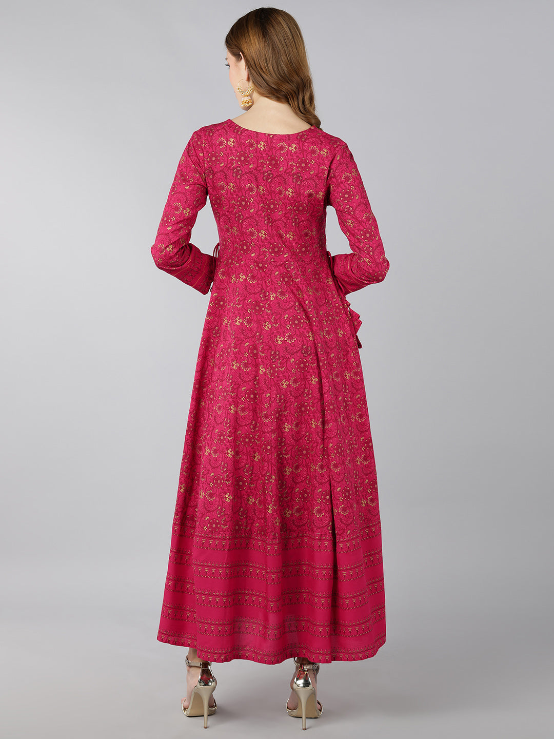 DRESS - PINK, RAYON GOLD PRINT ANARKALI KURTA