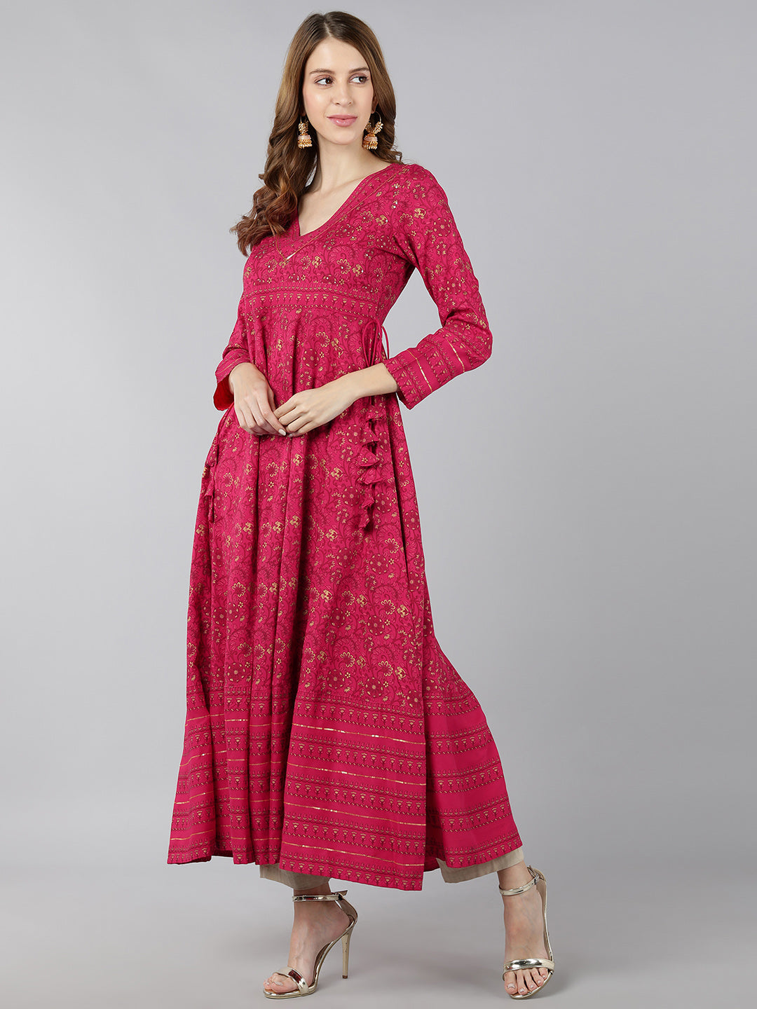 DRESS - PINK, RAYON GOLD PRINT ANARKALI KURTA