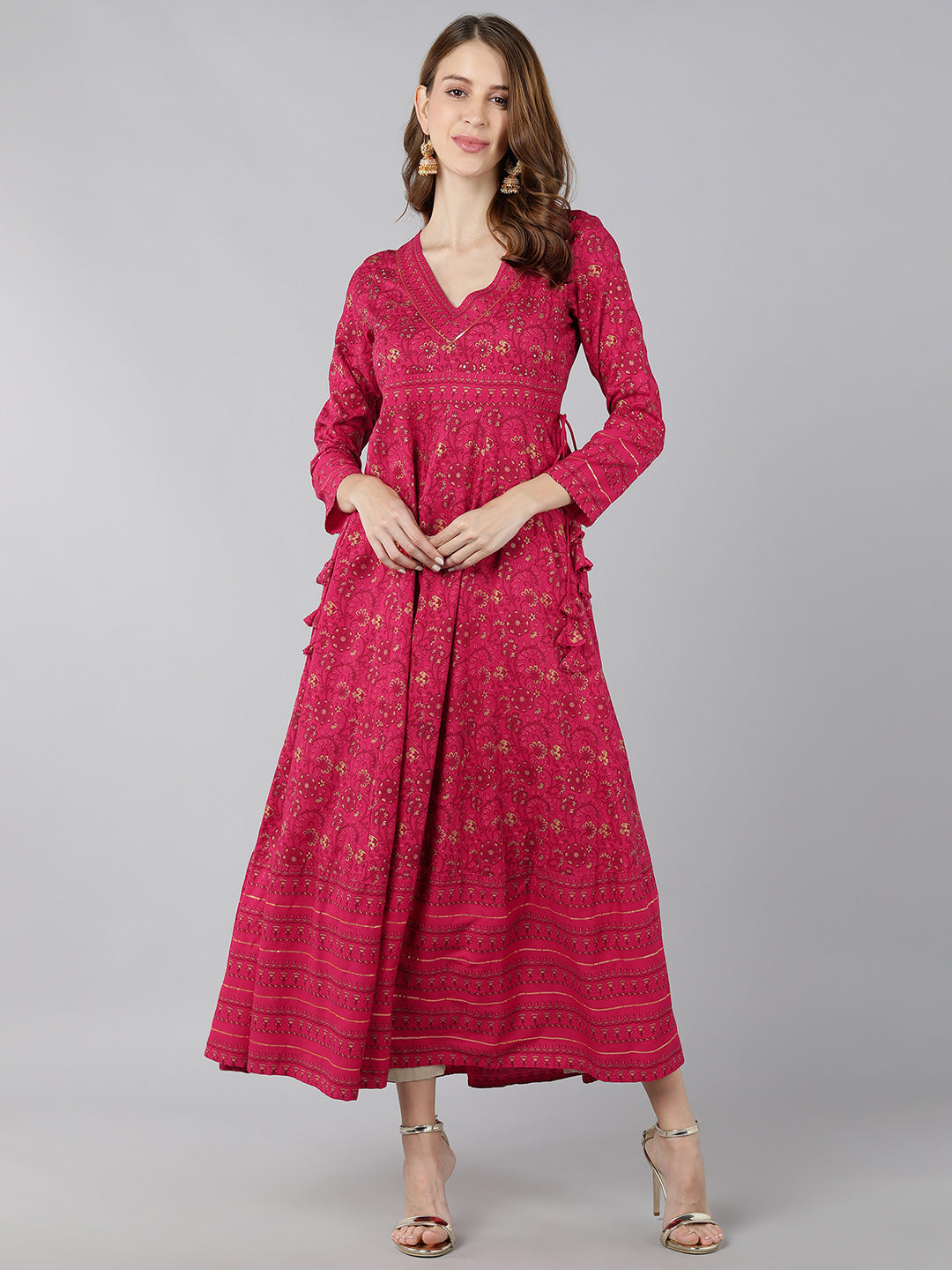 DRESS - PINK, RAYON GOLD PRINT ANARKALI KURTA