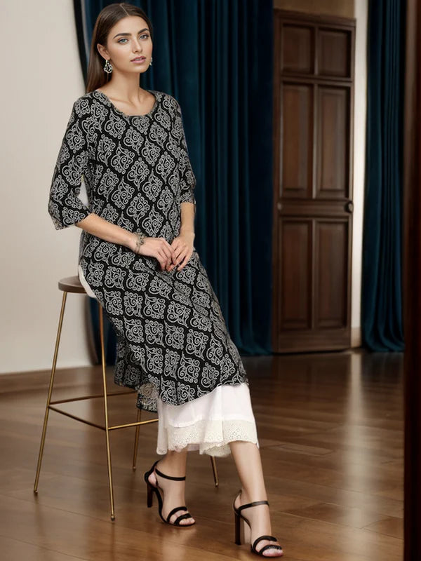 KURTA - BLACK, RAYON BANDHANI PRINT STRAIGHT