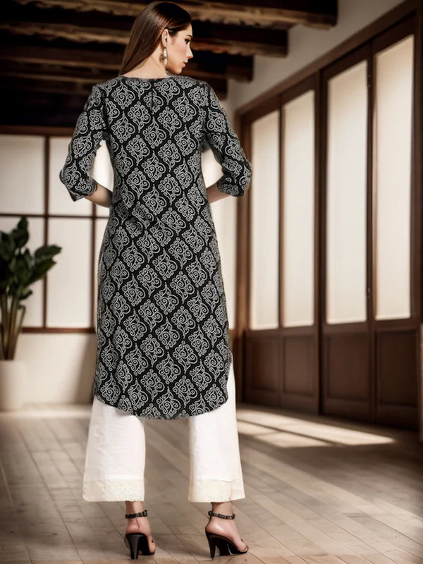 KURTA - BLACK, RAYON BANDHANI PRINT STRAIGHT