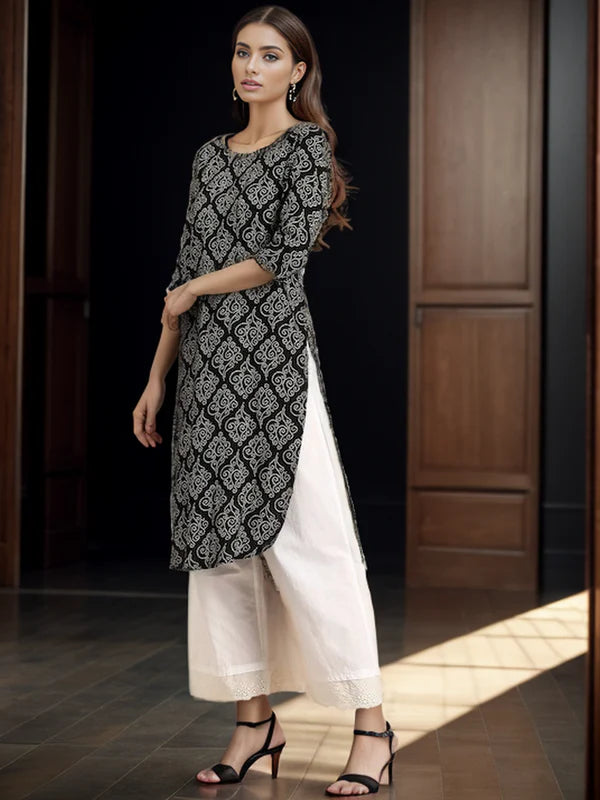 KURTA - BLACK, RAYON BANDHANI PRINT STRAIGHT