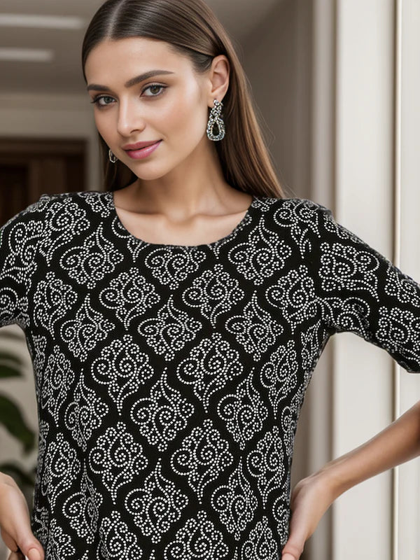 KURTA - BLACK, RAYON BANDHANI PRINT STRAIGHT