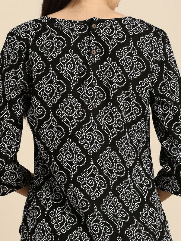 KURTA - BLACK, RAYON BANDHANI PRINT STRAIGHT