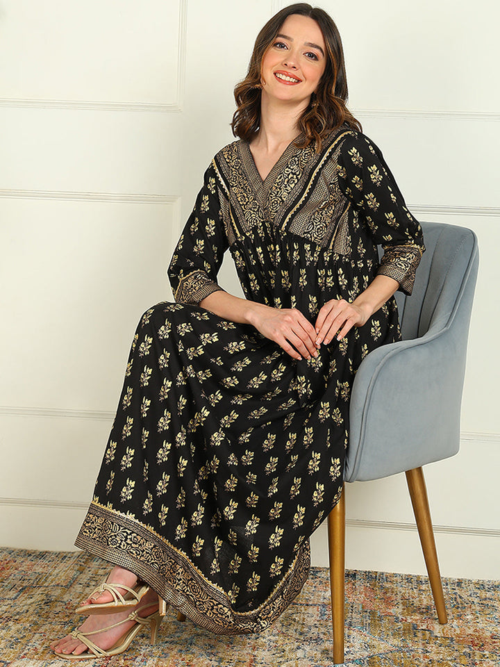DRESS-Flared Printed Viscose Rayon Dress