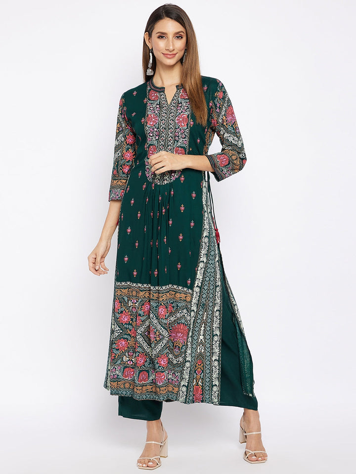 KURTA PANT - GREEN, RAYON PRINTED LONG STRAIGHT KURTA AND PANT