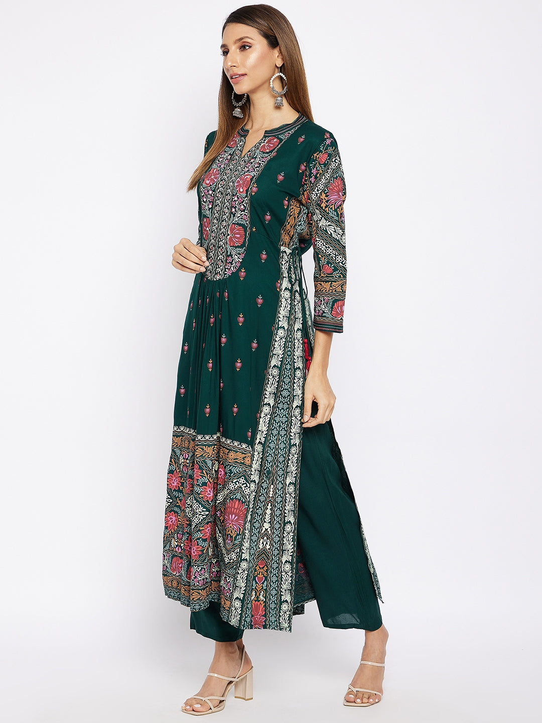 KURTA PANT - GREEN, RAYON PRINTED LONG STRAIGHT KURTA AND PANT