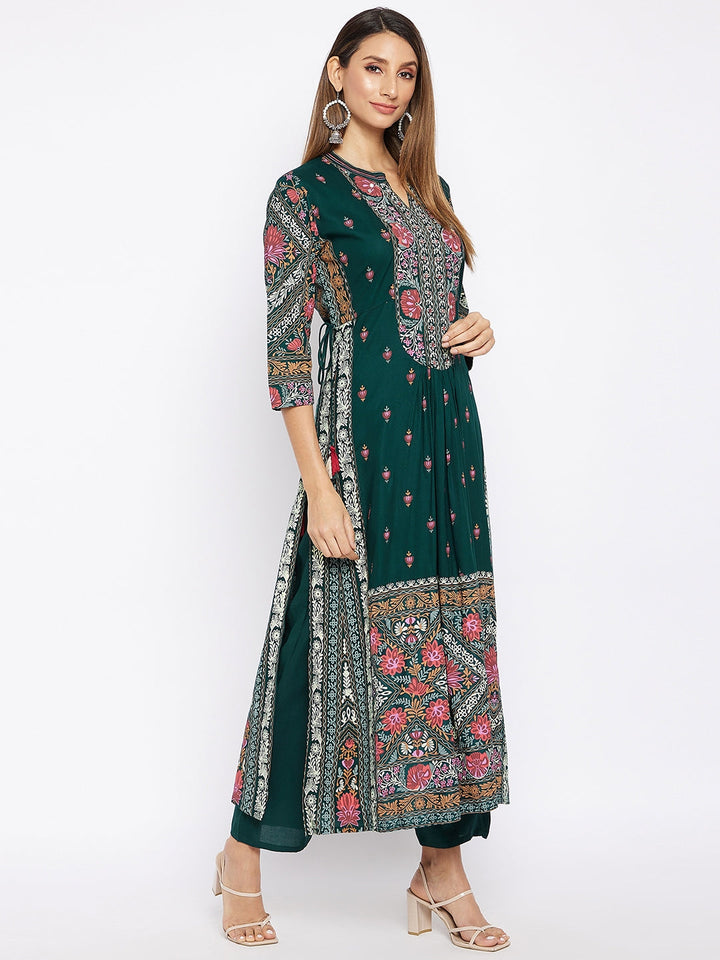 KURTA PANT - GREEN, RAYON PRINTED LONG STRAIGHT KURTA AND PANT