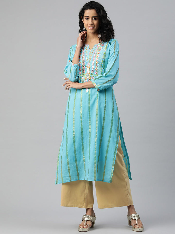 KURTA-Straight Style Cotton Fabric Turquoise Blue