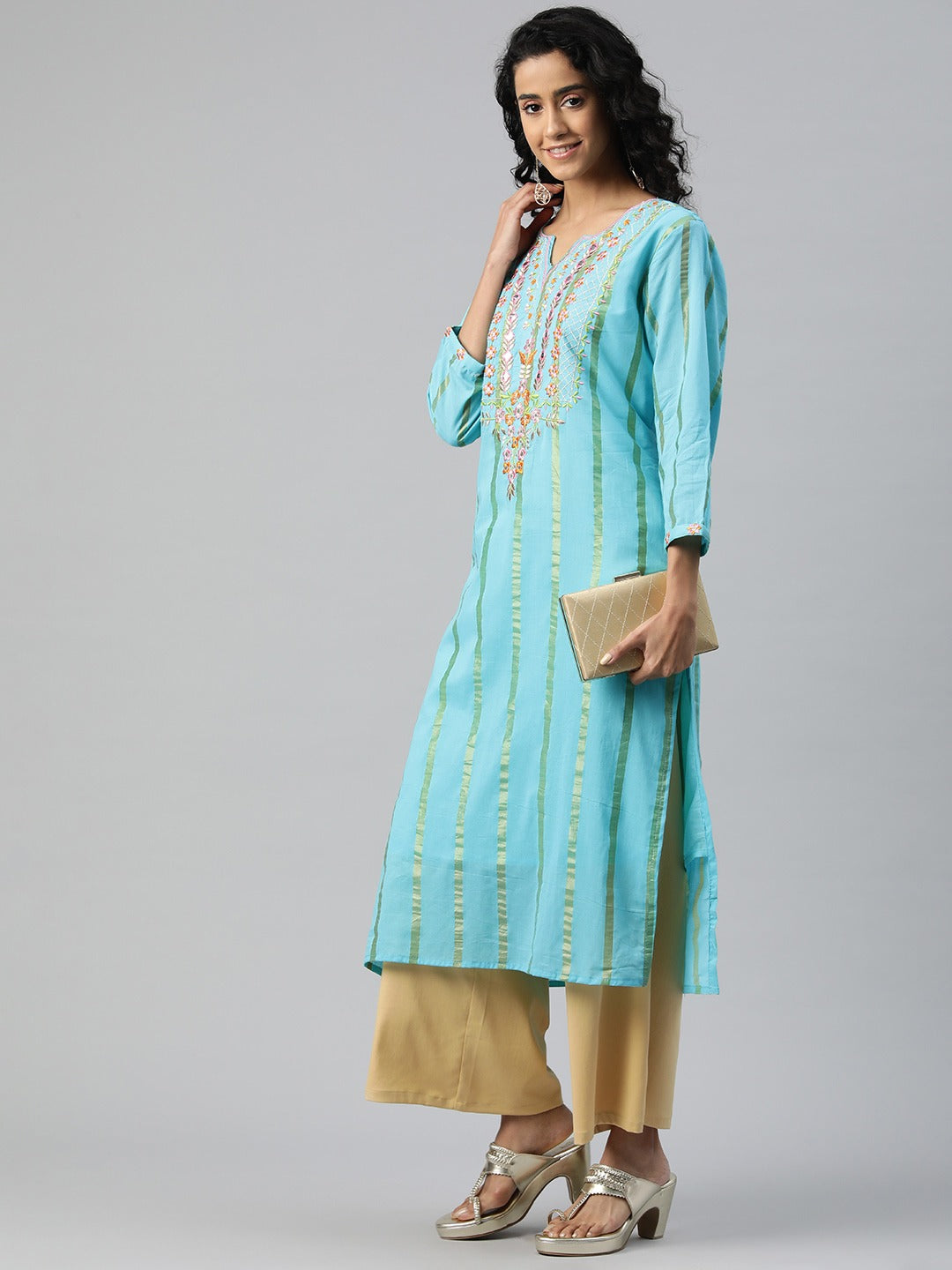 KURTA-Straight Style Cotton Fabric Turquoise Blue