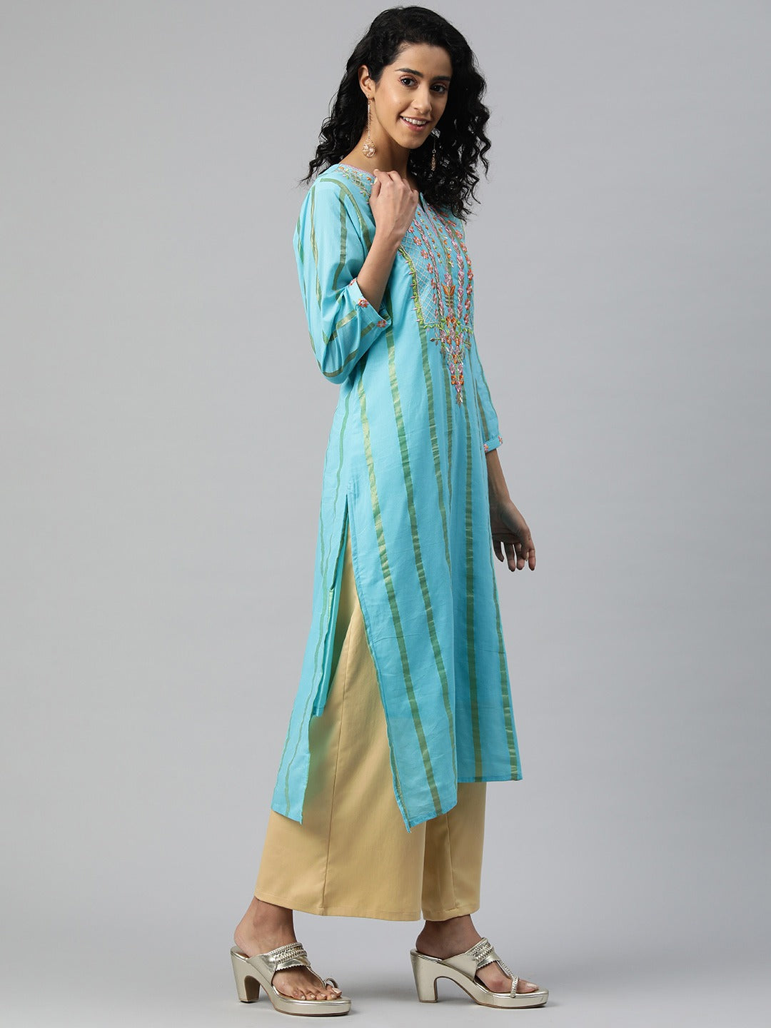 KURTA-Straight Style Cotton Fabric Turquoise Blue