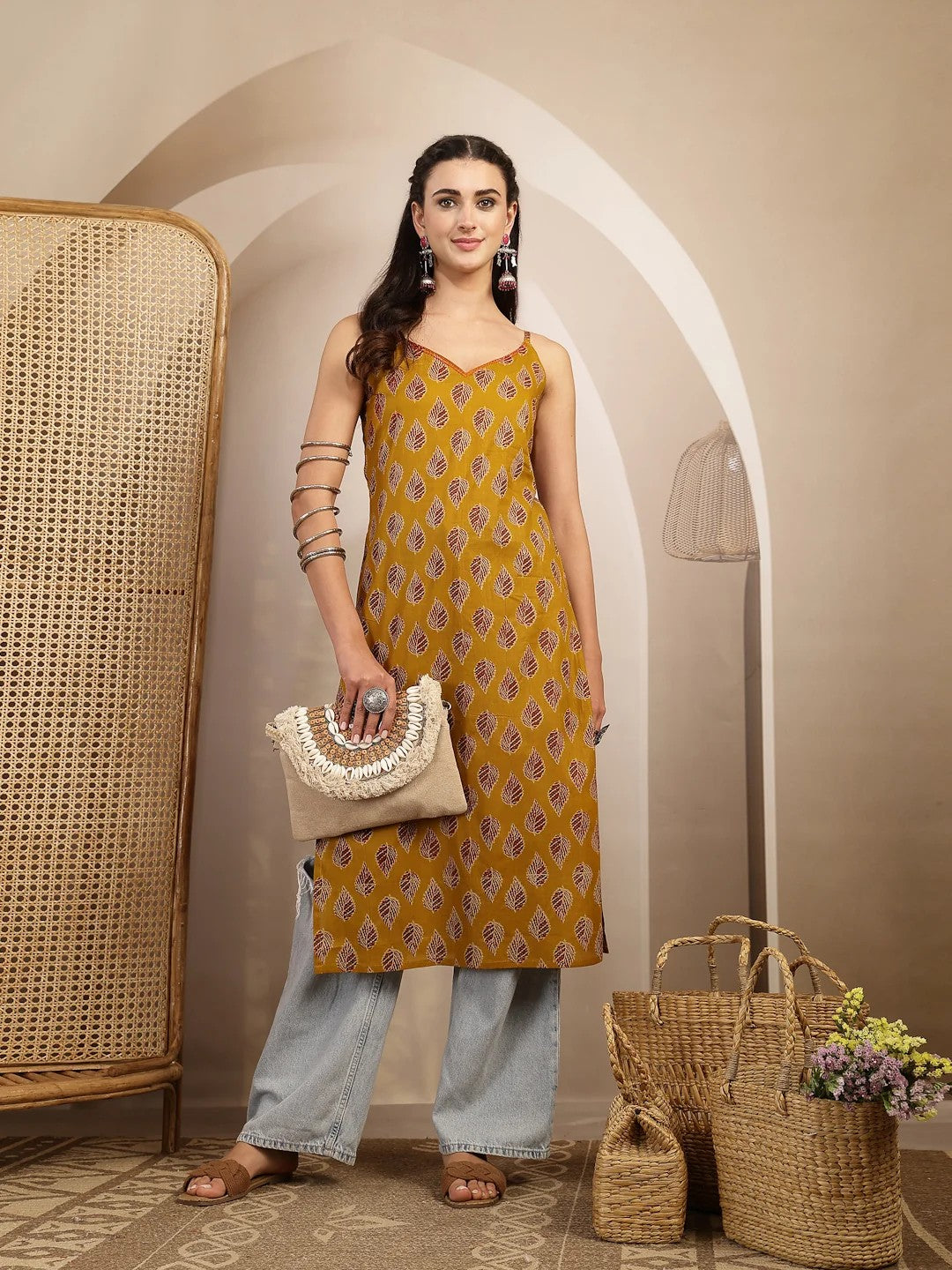 KURTA-Yelw Ethnic Printed Shoulder Straps