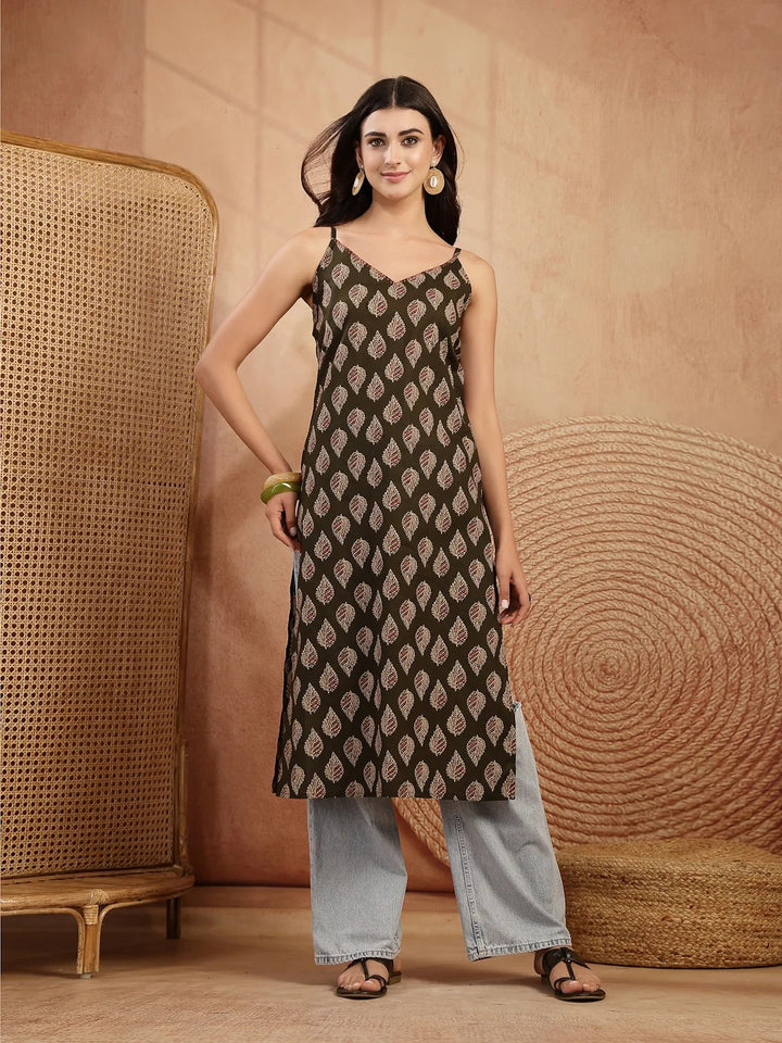 KURTA-Oliv Ethnic Printed Shoulder Straps