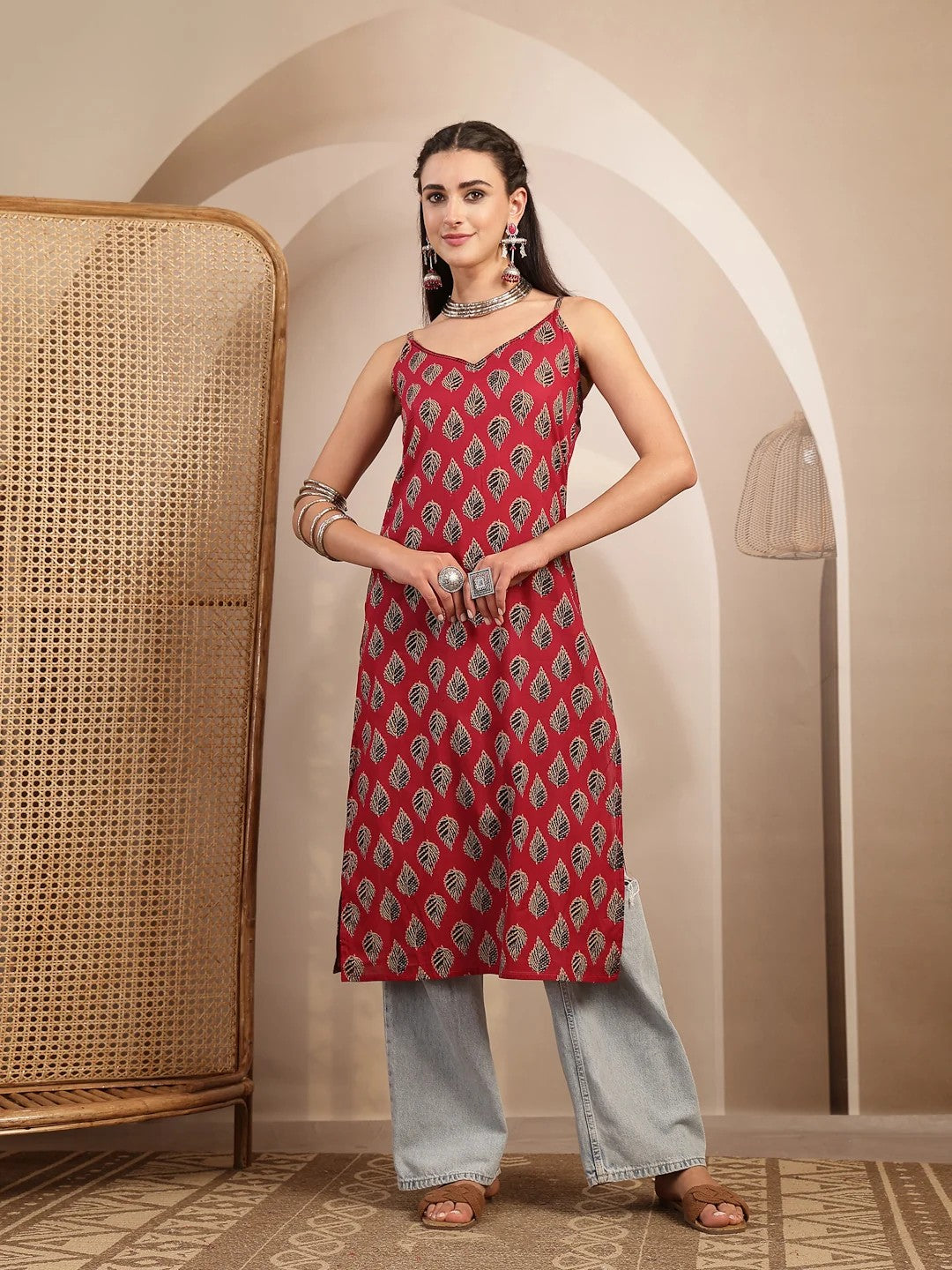 KURTA-Red Ethnic Printed Shoulder Straps