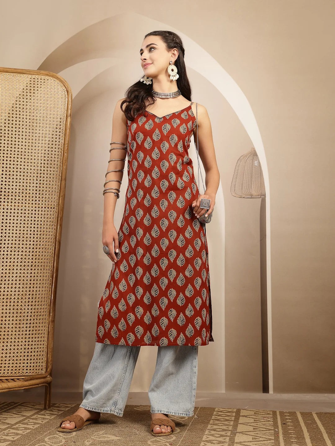 KURTA-Mron Ethnic Printed Shoulder Straps