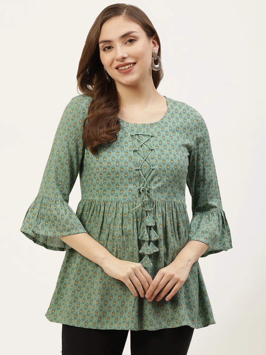 TOP-Oliv Printed Flared Neck Doori