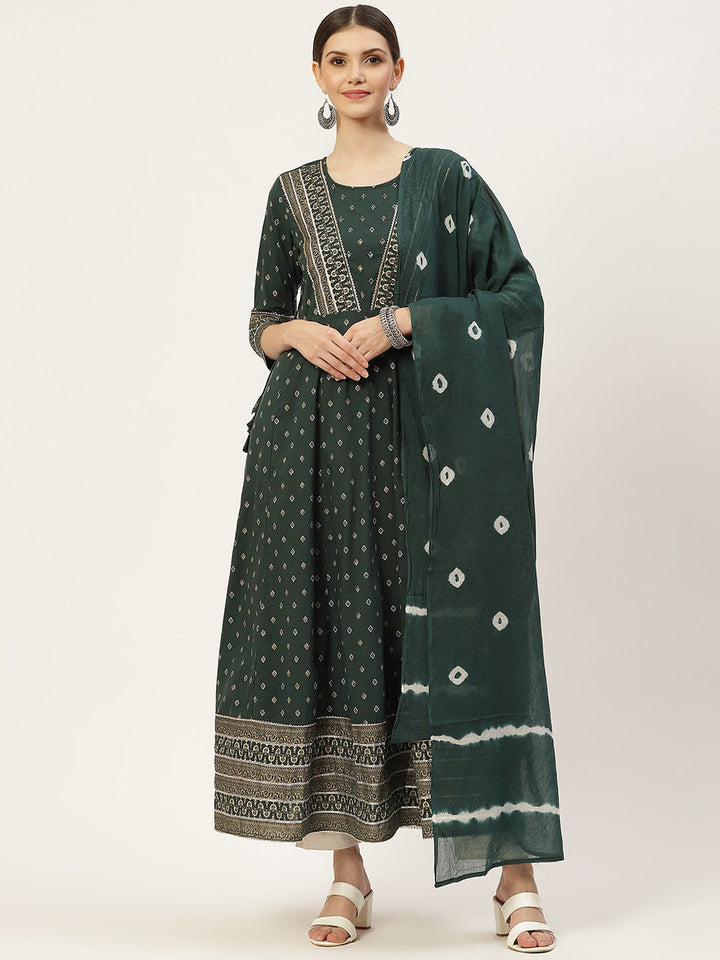 DRESS-Green Flared Printed with Dupatta