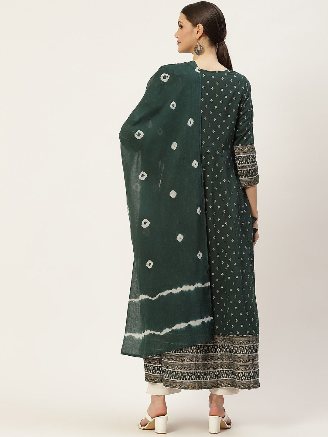 DRESS-Green Flared Printed with Dupatta