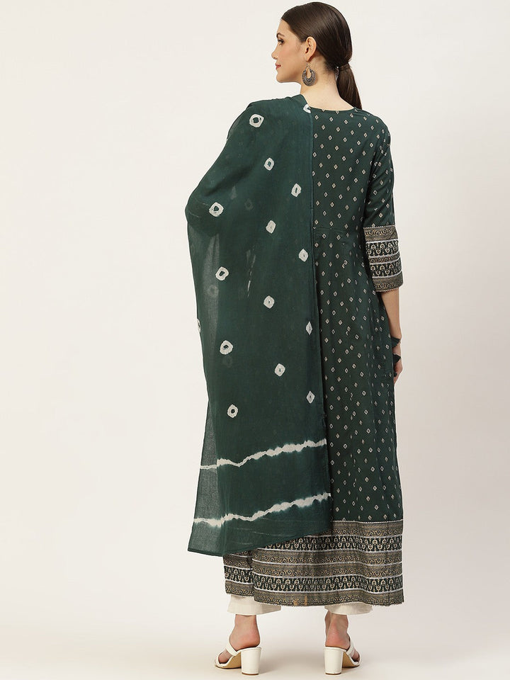 DRESS-Green Flared Printed with Dupatta