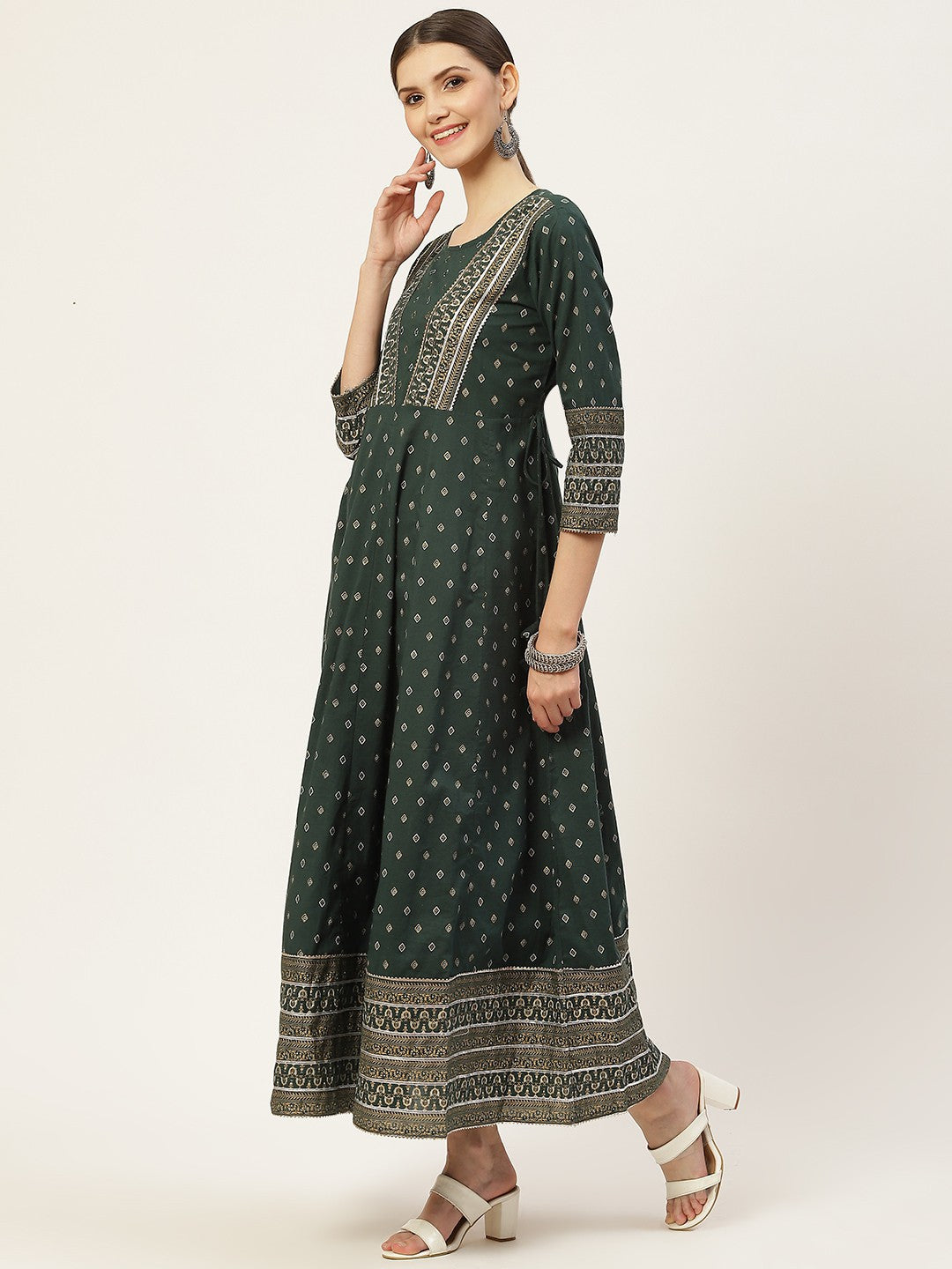 DRESS-Green Flared Printed with Dupatta
