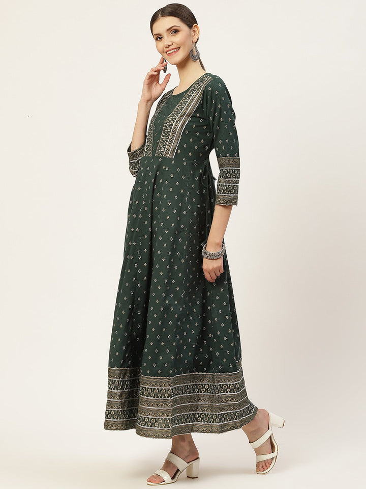 DRESS-Green Flared Printed with Dupatta