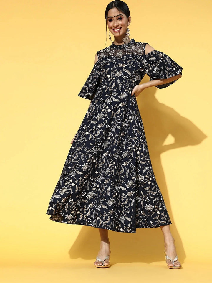 DRESS-Navy Flared Cotton