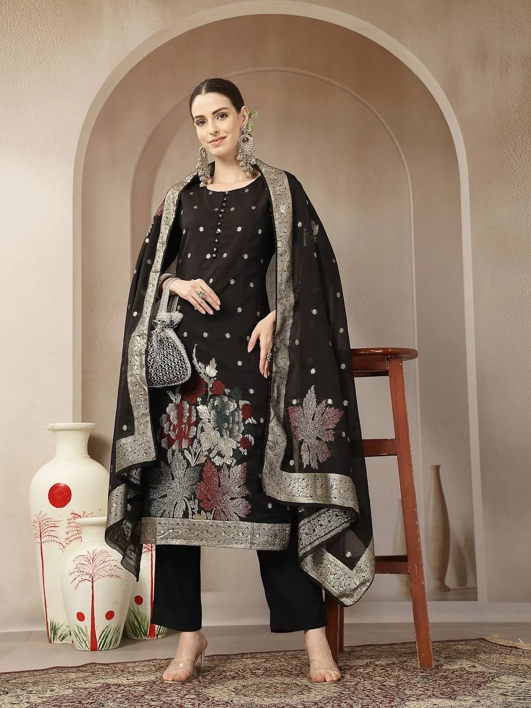 DUPATTA SET-Black Chanderi Silk Floral straight Kurta Set with Dupatta