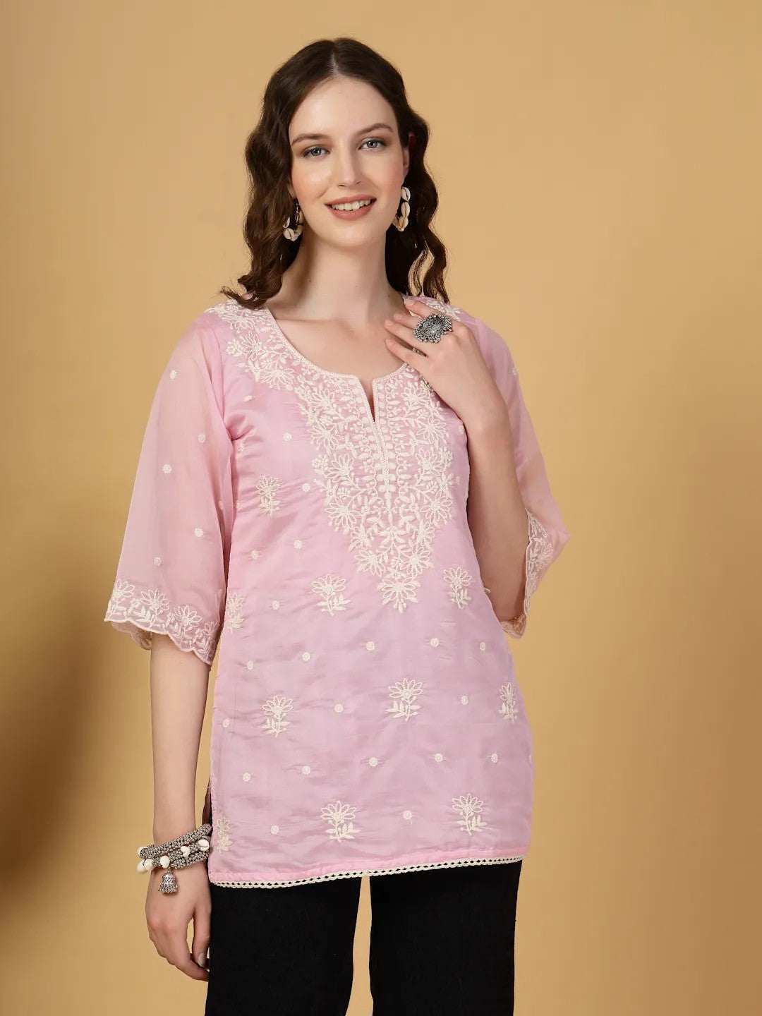 TOP-Pink Organza Embroidered