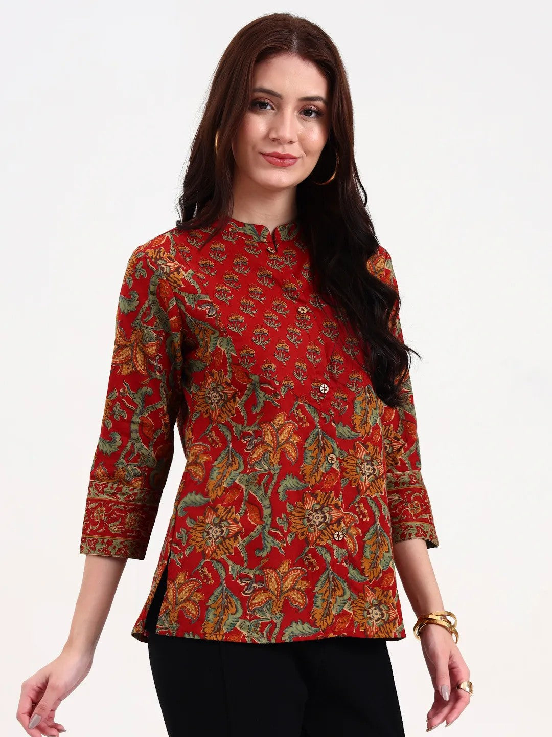 TOP-Red Cotton Printed Side Slit