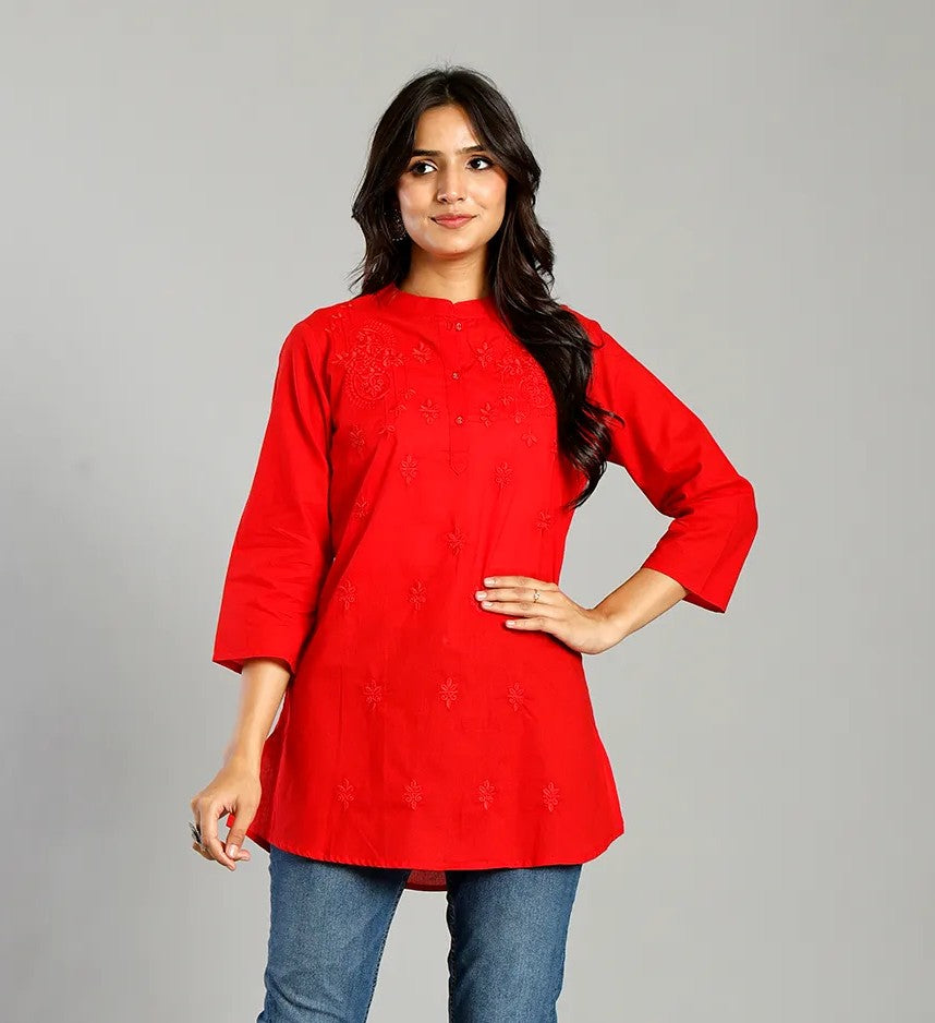 TOP-Red Embroidered Regular Style