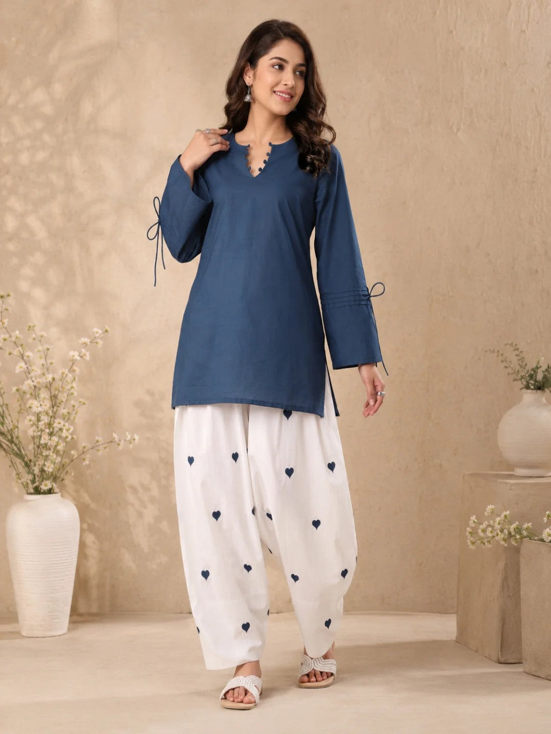 CO-ORDS-Blu Solid Top Printed Bottom