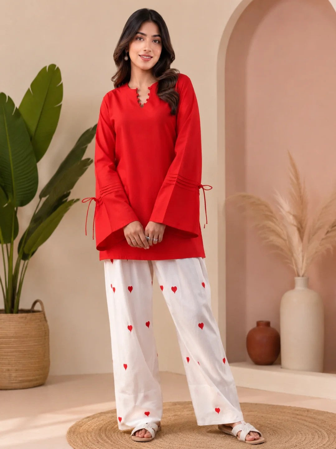 CO-ORDS-Red Solid Top Printed Bottom