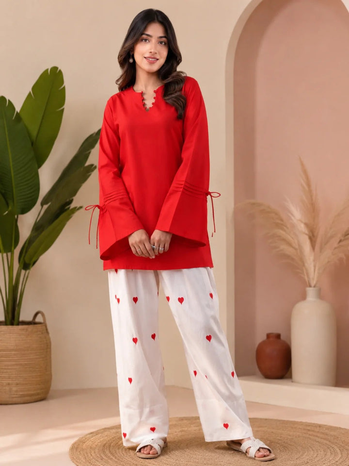 CO-ORDS-Red Solid Top Printed Bottom