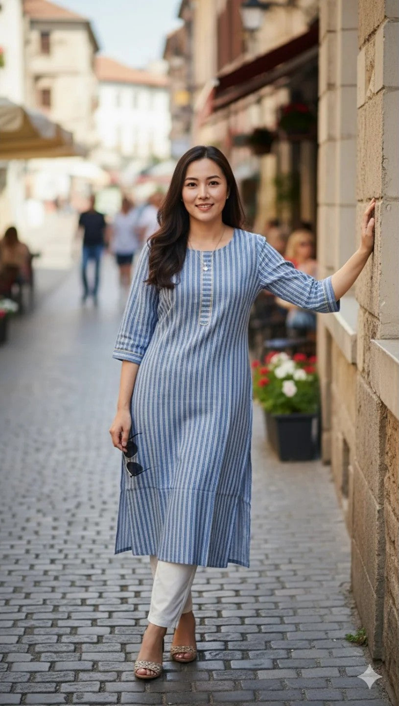 KURTA-Blue Strips Cotton one Pocket