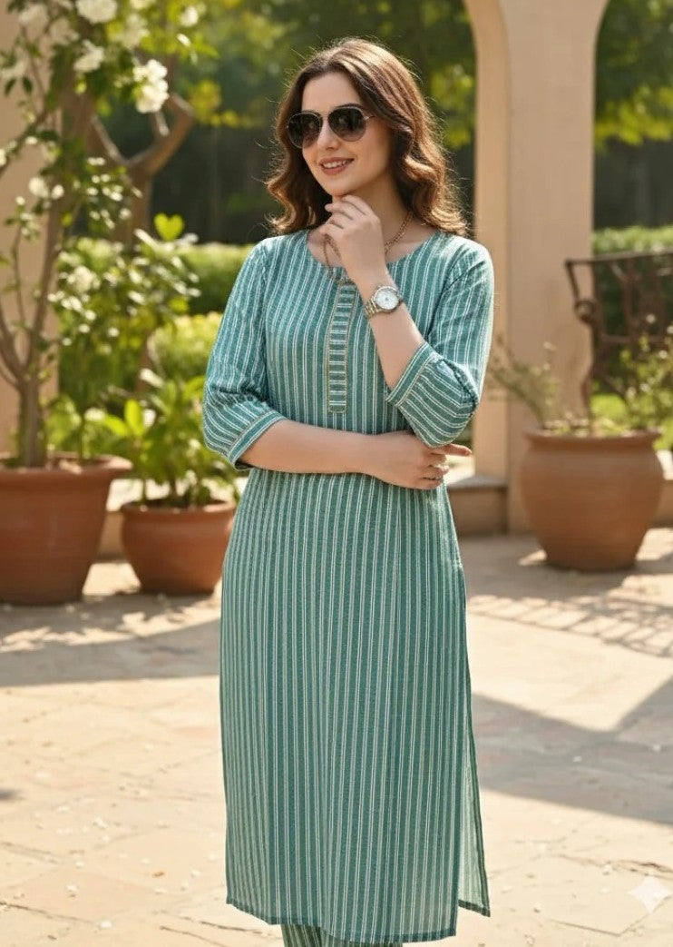 KURTA-Gren Strips Cotton one Pocket