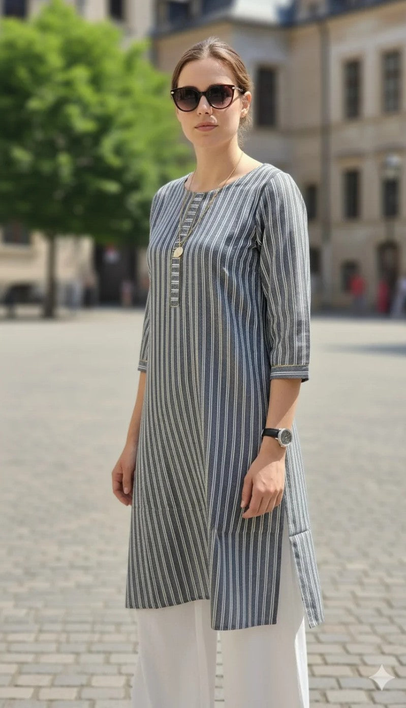 KURTA-Grey Strips Cotton one Pocket