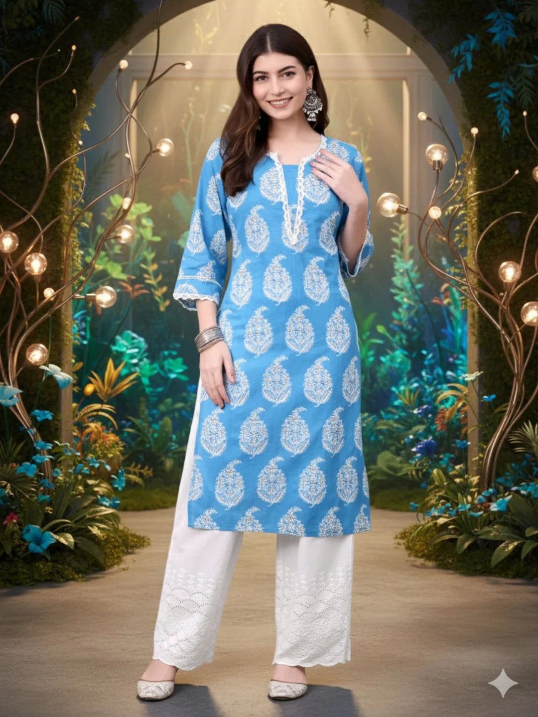 KURTA-V-Neck Straight Cotton Printed