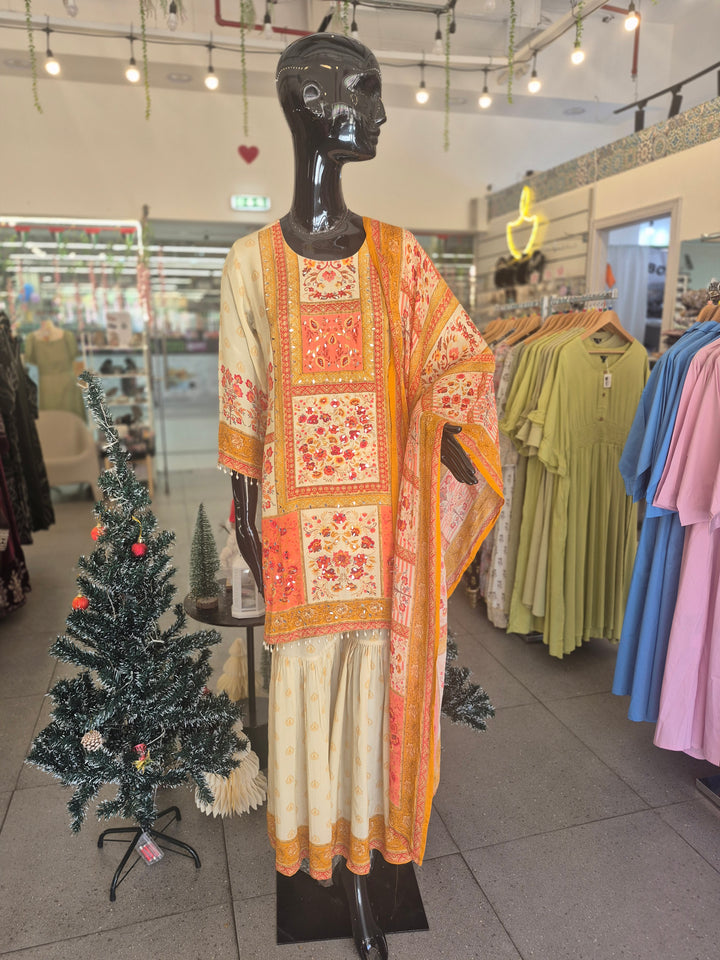 DUPATTA SET - Pure Crepe Beige floral printed Sharara set 102414