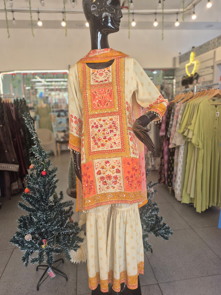 DUPATTA SET - Pure Crepe Beige floral printed Sharara set 102414