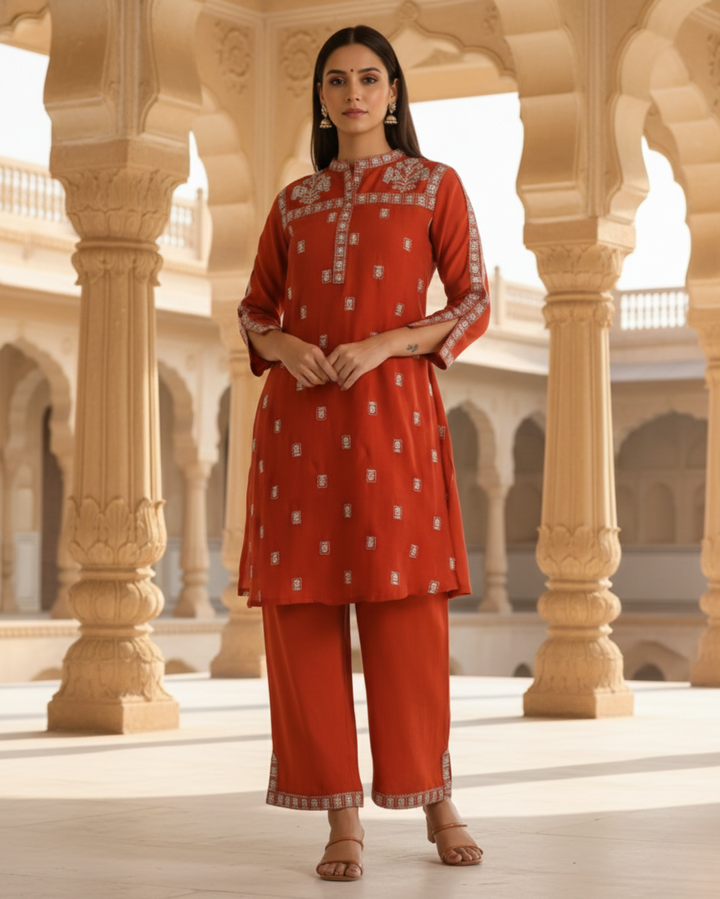 CO-ORDS, Rust, Chanderi Embroidered