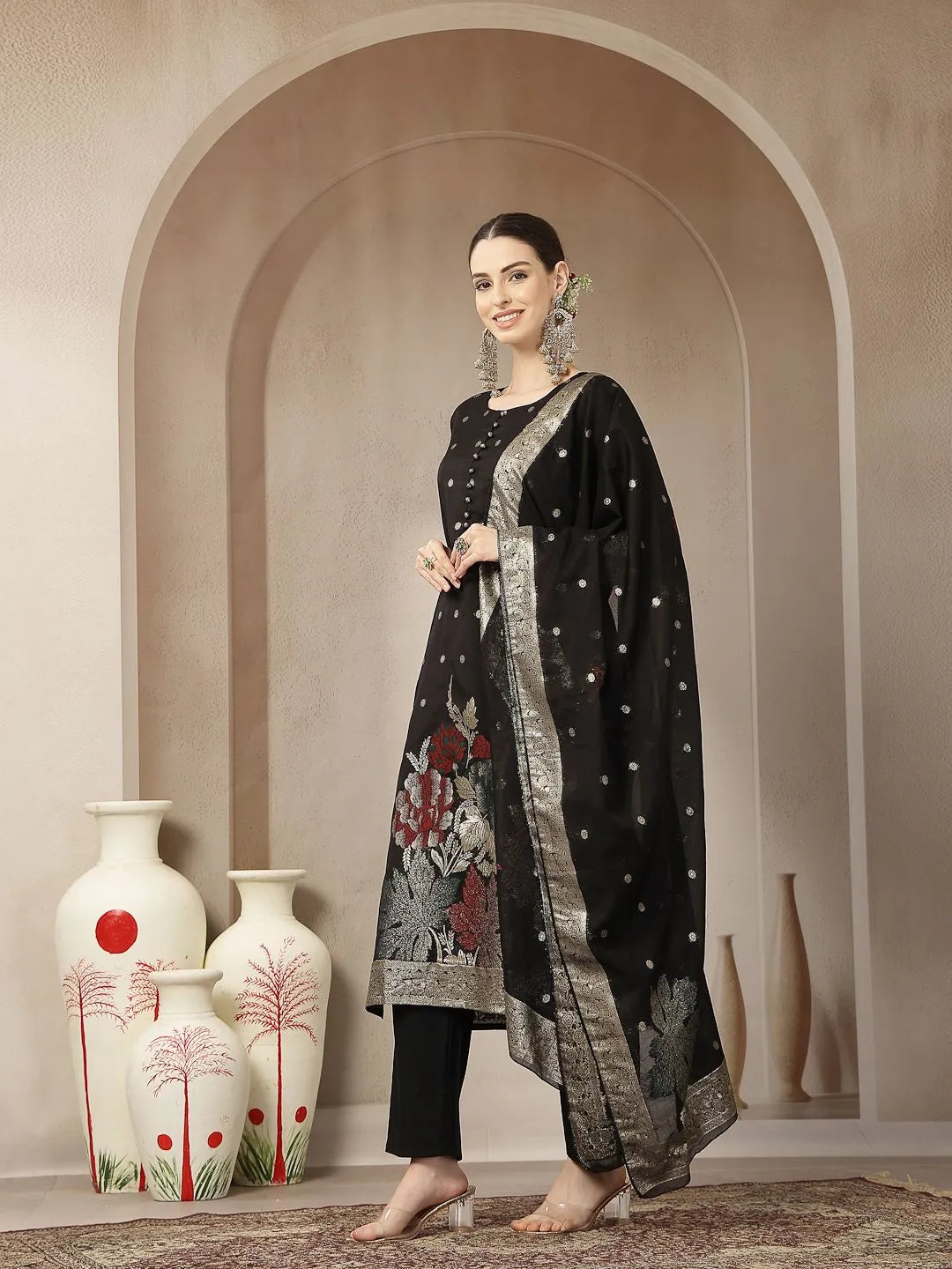 DUPATTA SET-Black Chanderi Silk Floral straight Kurta Set with Dupatta