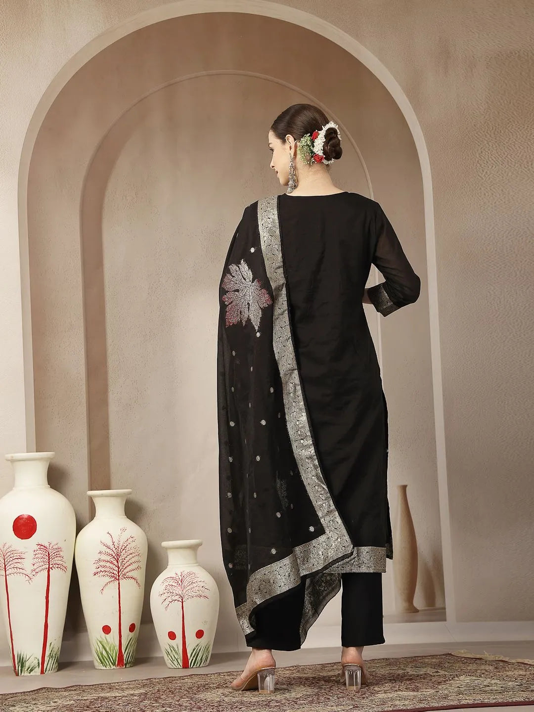 DUPATTA SET-Black Chanderi Silk Floral straight Kurta Set with Dupatta