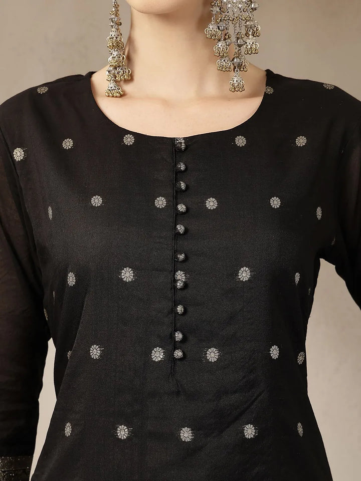 DUPATTA SET-Black Chanderi Silk Floral straight Kurta Set with Dupatta