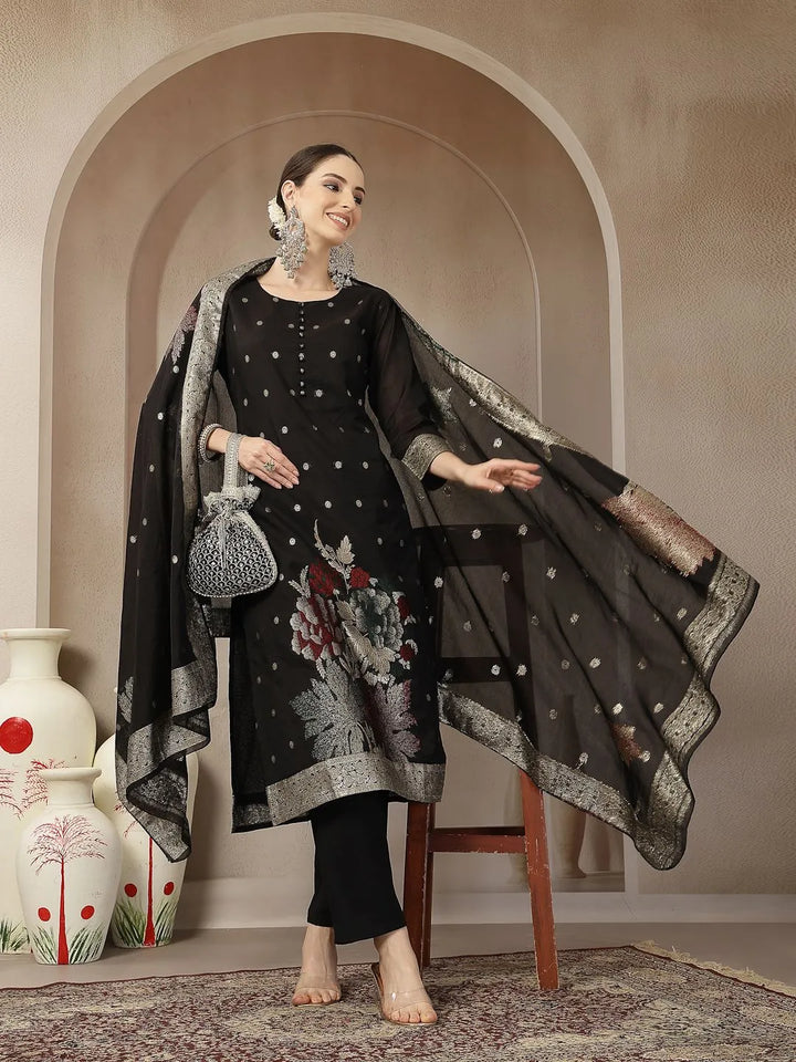 DUPATTA SET-Black Chanderi Silk Floral straight Kurta Set with Dupatta