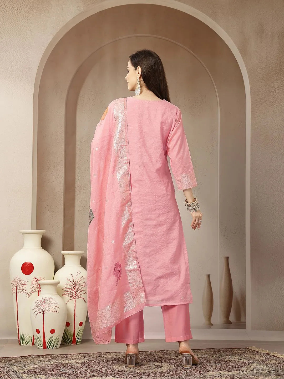 DUPATTA SET-Peach Chanderi Silk Floral Straight Kurta Set with Dupatta