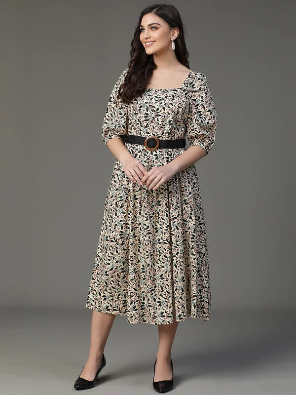 DRESS-Creame Cotton Rayon Flared Printed