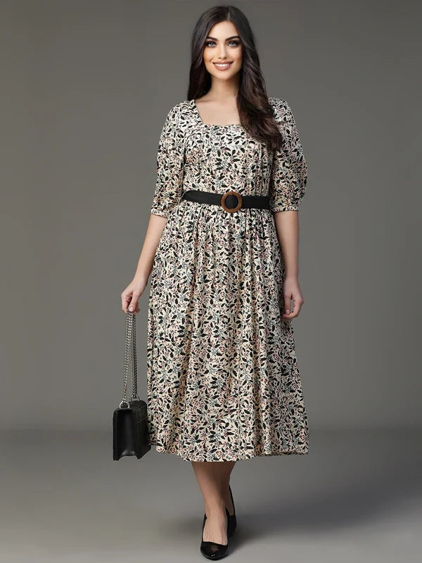 DRESS-Creame Cotton Rayon Flared Printed